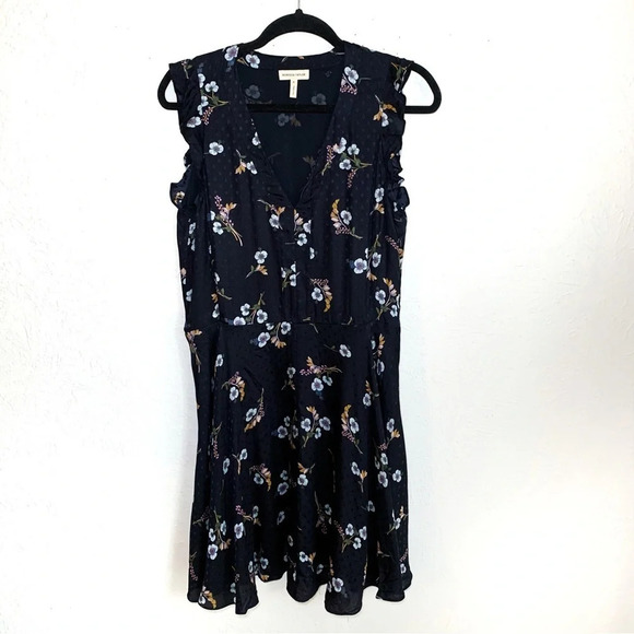 Rebecca Taylor Silk Floral Embossed Dot Navy Ruffle Dress Sz 8 - Picture 2 of 6